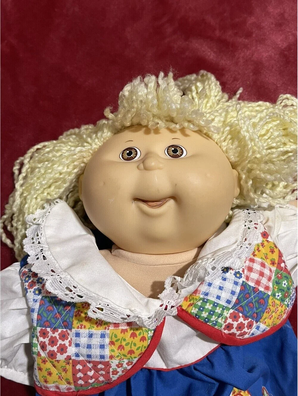 Vtg Cabbage Patch Kids / Doll “calico Cat Dress “ Blonde Hair  Blue Eyes CPK